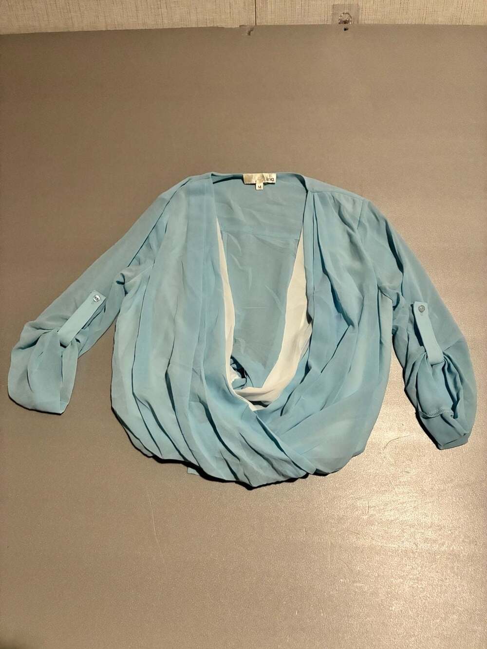 Marina Luna Tunic Top Size M Light Blue Tie Front Blouse